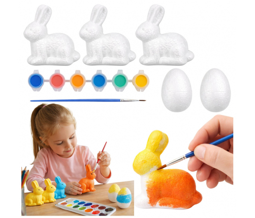 Set for painting styrofoam decorations 3 bunnies 2 eggs paints