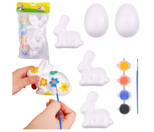 Set for painting styrofoam decorations 3 bunnies 2 eggs paints