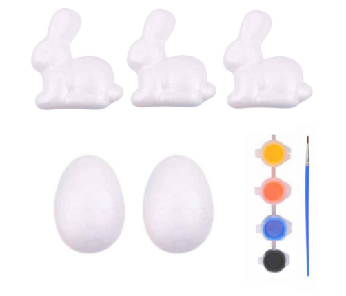 Set for painting styrofoam decorations 3 bunnies 2 eggs paints