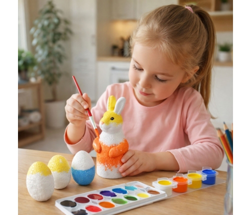 Set zum Bemalen von Styropordekorationen, 4 Hasen, Pinsel