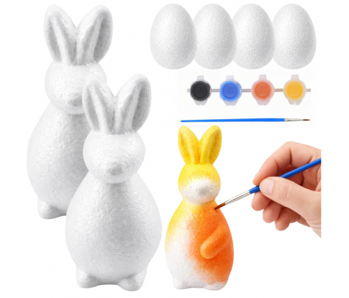 Set for painting styrofoam decorations 2 bunnies 4 eggs paints