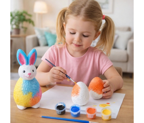 Set for painting styrofoam decorations 2 bunnies 4 eggs paints