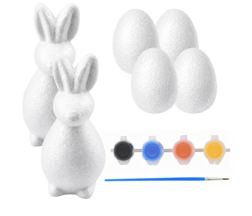 Set for painting styrofoam decorations 2 bunnies 4 eggs paints