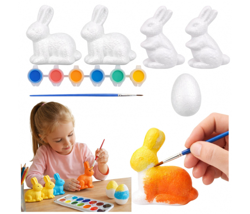 Set for painting styrofoam decorations 4 bunnies 2 eggs paints