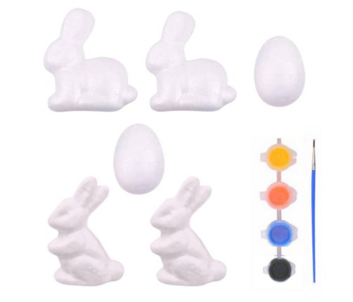 Set for painting styrofoam decorations 4 bunnies 2 eggs paints