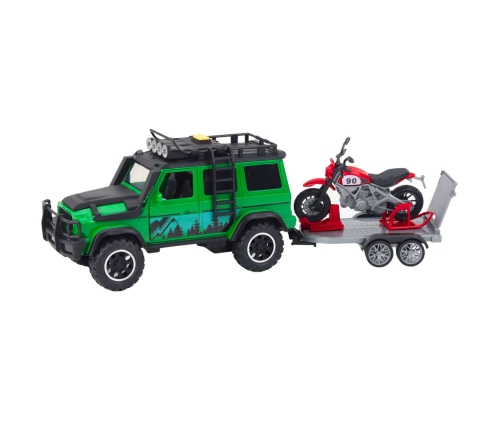 Off-road Vehicle Set with Tow Truck and Motorcycle Lights and Sounds Green