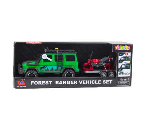 Off-road Vehicle Set with Tow Truck and Motorcycle Lights and Sounds Green