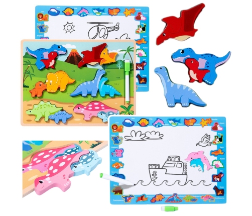 Puzzle Board 2in1 Wooden Educational Marker Dinosaurs 12pcs