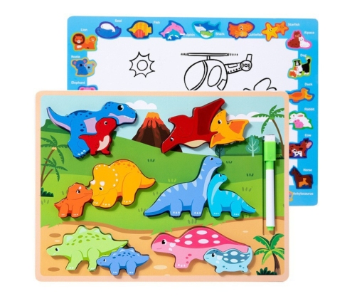 Puzzle Board 2in1 Wooden Educational Marker Dinosaurs 12pcs