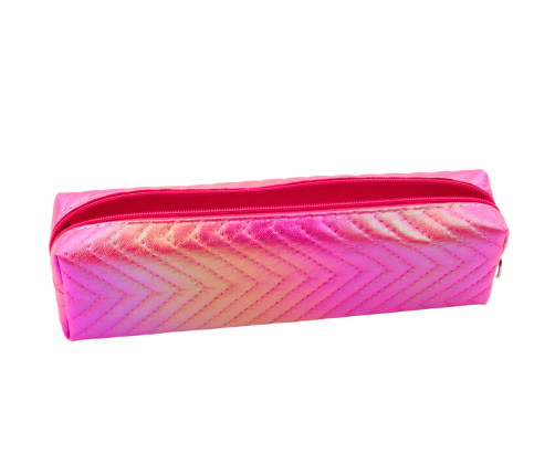 Girl's Pencil Case Metallic Shiny Herringbone Pink