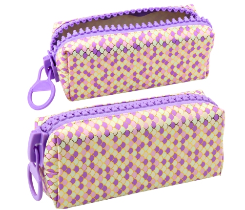 School Pencil Case Organizer Mermaid Scales Pattern Large Purple Zipper 21x8cm