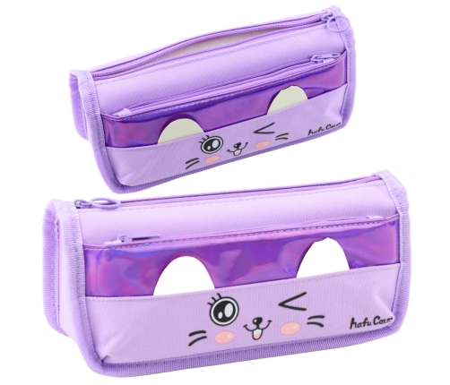 School Pencil Case Two Pockets Cat Motif Purple 22cm