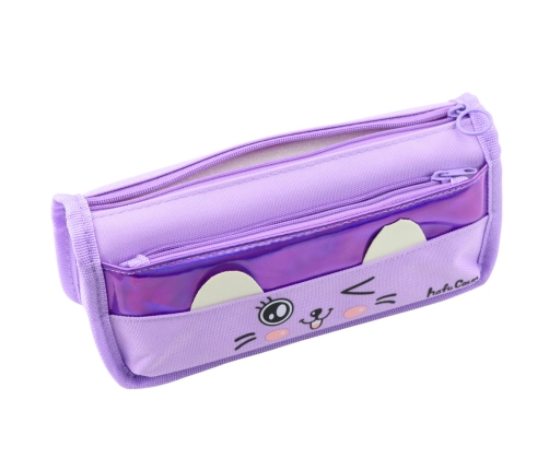 School Pencil Case Two Pockets Cat Motif Purple 22cm