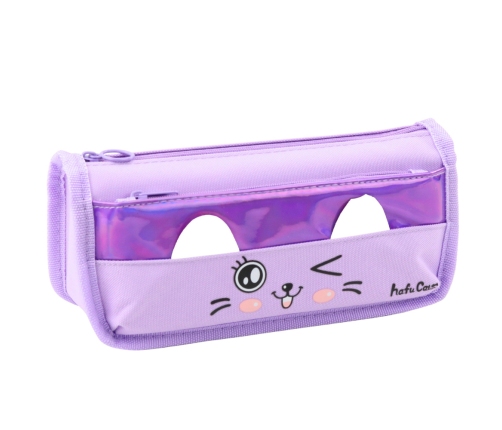 School Pencil Case Two Pockets Cat Motif Purple 22cm