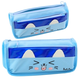 School Pencil Case Two Pockets Cat Motif Blue 22cm School Pencil Case Two Pockets Cat Motif Blue 22cm