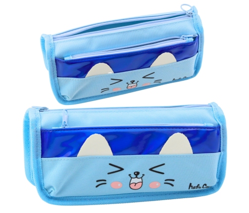 School Pencil Case Two Pockets Cat Motif Blue 22cm