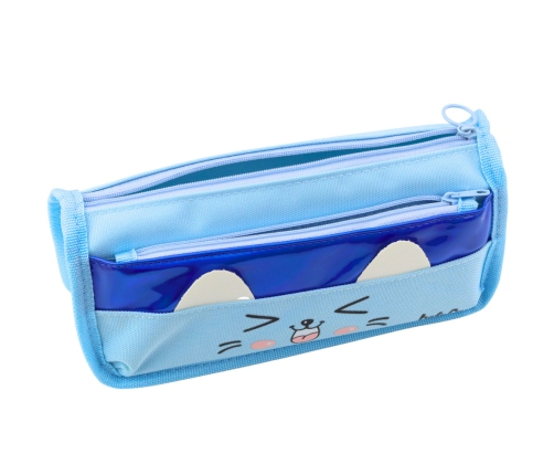 School Pencil Case Two Pockets Cat Motif Blue 22cm
