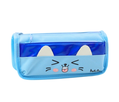 School Pencil Case Two Pockets Cat Motif Blue 22cm