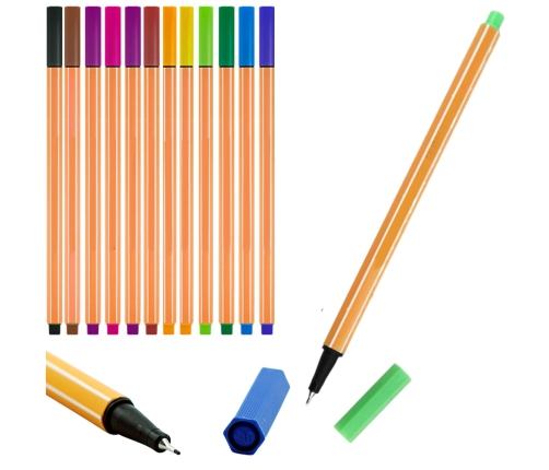 Set of Fineliners Office School Thickness 0.4mm Colored 12pcs