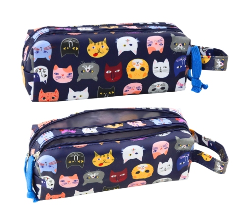 School Pencil Case Colorful Cats Two Pockets Navy Blue 22cm