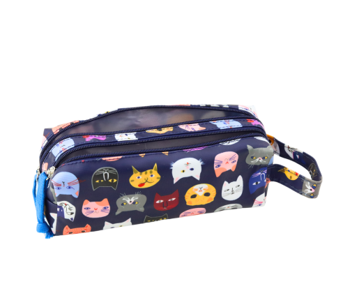School Pencil Case Colorful Cats Two Pockets Navy Blue 22cm