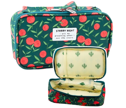 School Pencil Case Organizer Roomy Additional Pocket Cherries Green 21.5cm