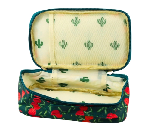 School Pencil Case Organizer Roomy Additional Pocket Cherries Green 21.5cm