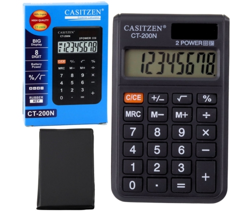 Pocket Calculator with Case, 8-Digit Display, Solar CT-200N