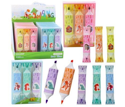 Highlighter Set Pink Blue Animal Motif Two Tips 3pcs