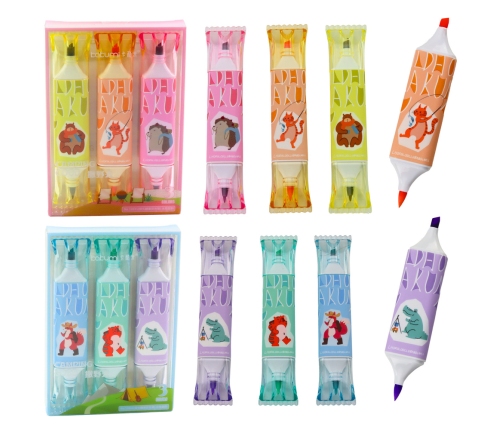 Highlighter Set Pink Blue Animal Motif Two Tips 3pcs