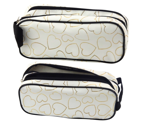 School Office Pencil Case, Two-Compartment, Golden Hearts, White, 23.5x10 cm