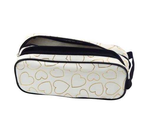 School Office Pencil Case, Two-Compartment, Golden Hearts, White, 23.5x10 cm