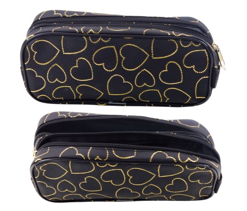 School Office Pencil Case, Two-Compartment, Golden Hearts, Black, 23.5x10 cm