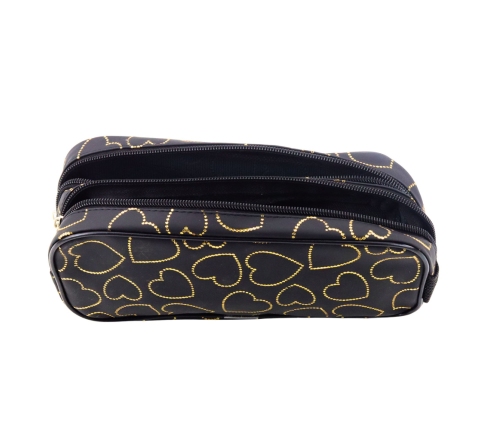 School Office Pencil Case, Two-Compartment, Golden Hearts, Black, 23.5x10 cm