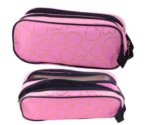 School Office Pencil Case with Two Compartments, Golden Hearts, Pink, 23.5x10 cm