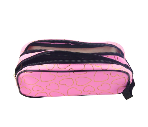 School Office Pencil Case with Two Compartments, Golden Hearts, Pink, 23.5x10 cm