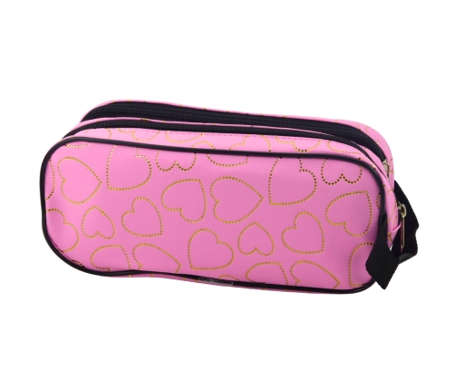 School Office Pencil Case with Two Compartments, Golden Hearts, Pink, 23.5x10 cm