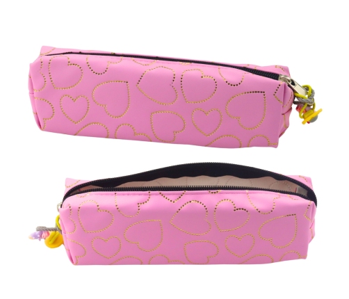 School Office Pencil Case, Single Compartment, Golden Hearts, Pink, 20x6.5 cm