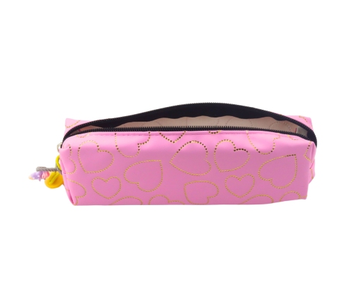 School Office Pencil Case, Single Compartment, Golden Hearts, Pink, 20x6.5 cm