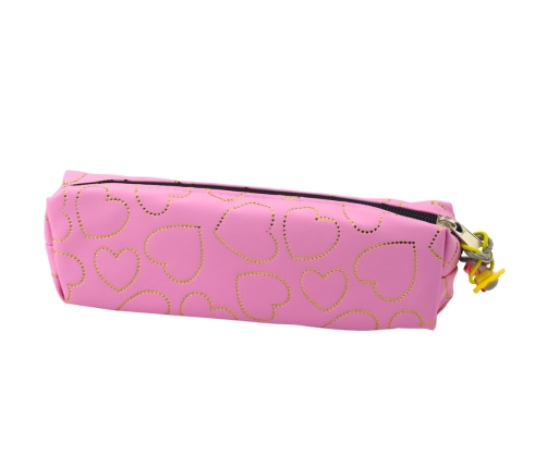School Office Pencil Case, Single Compartment, Golden Hearts, Pink, 20x6.5 cm