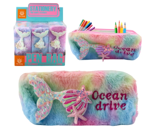 Plush pencil case with mermaid tail, sequins, pastel colors