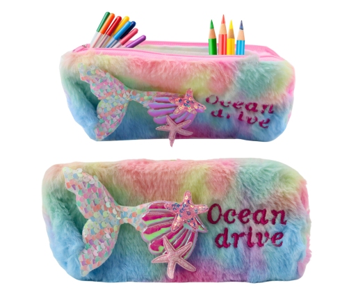 Plush pencil case with mermaid tail, sequins, pastel colors