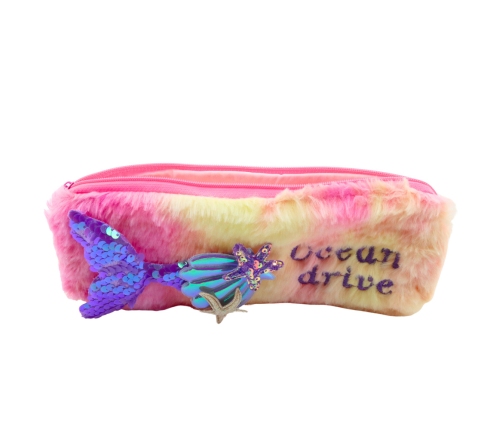 Plush Pencil Case With Mermaid Tail Sequins Pink Purple