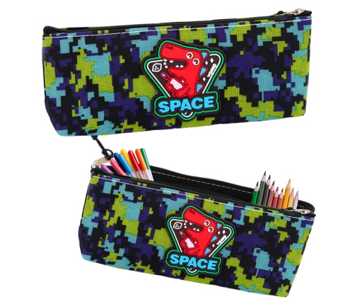 Pencil Case Space Dinosaur Pixels Blue Green 20x8cm