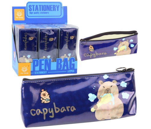 School Pencil Case Kit Capybara Brushing Teeth Navy Blue 20 x 8.5 x 4 cm