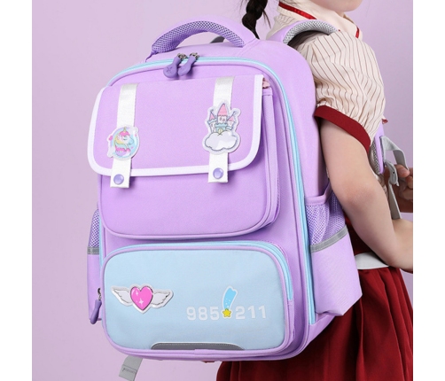 School Backpack With Patches Chest Strap Purple 16L