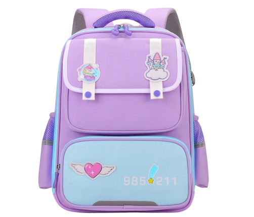 School Backpack With Patches Chest Strap Purple 16L