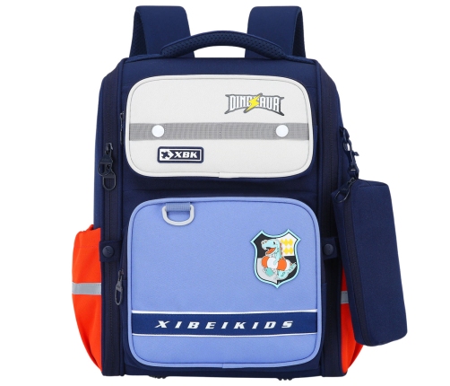 School Backpack With Dinosaur Chest Strap Navy Blue 22L