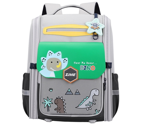 School Backpack With Dinosaurs Chest Strap Gray Green 21L 39cm