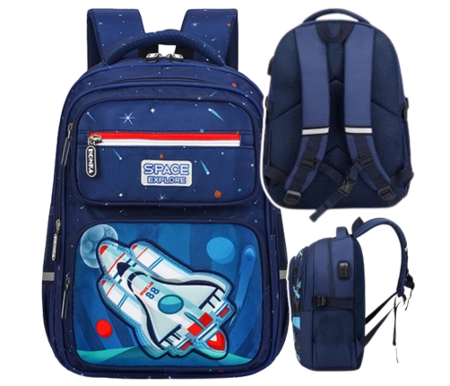 Children's School Backpack Chest Strap Navy Blue Rocket Space 20L 41cm